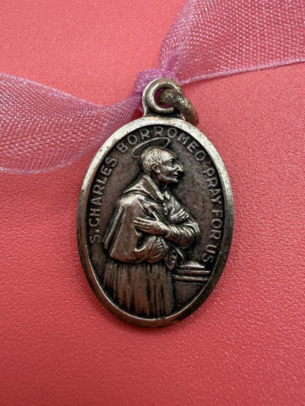 Vintage Saint Charles Borromeo Silver Catholic Medal Pendant